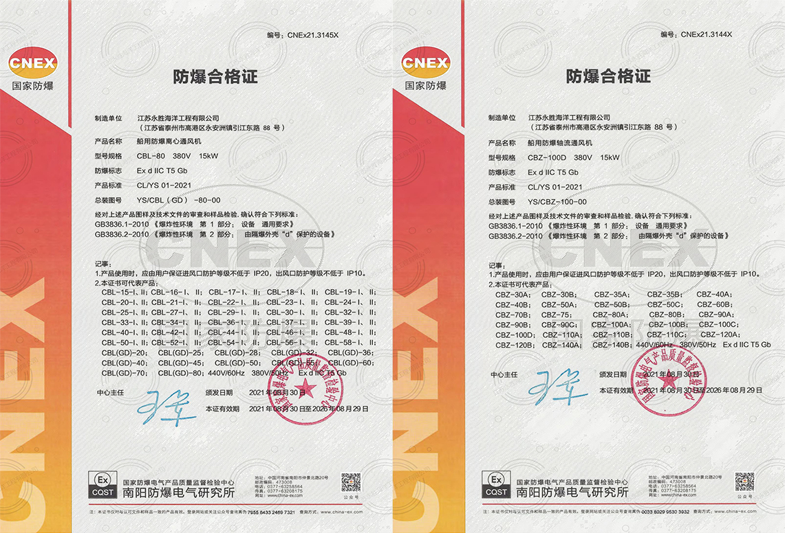 船用防爆通風(fēng)機(jī)合格證